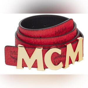MCM Red and Black Men's Belt with Gold Logo